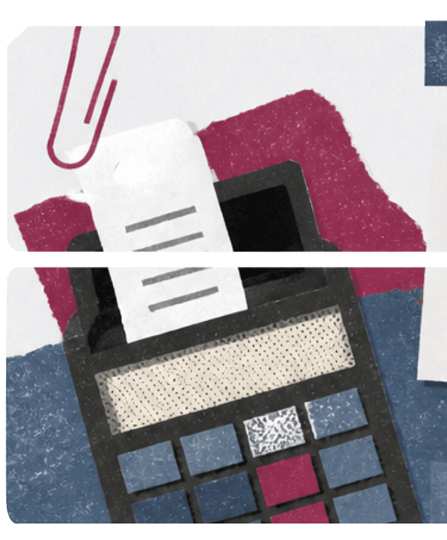 Paper collage of a calculator with a receipt feeding through it