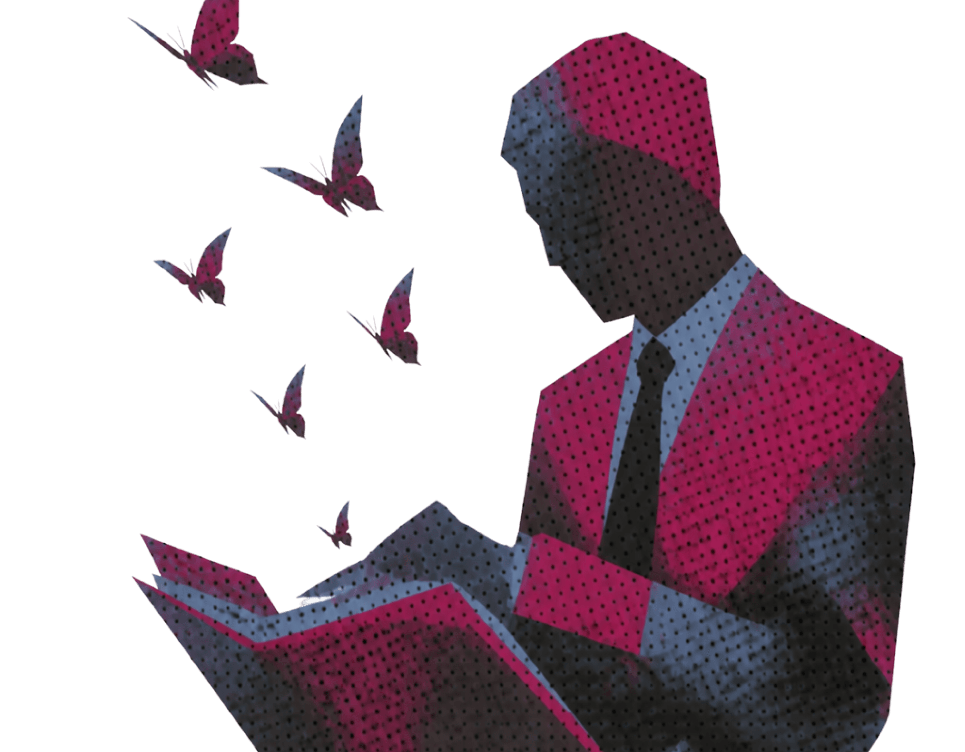 Paper collage of a reader whose pages lift away as butterflies